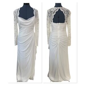 db studio White Lace Long Sleeve Draped Cowl Neck Wedding Gown Y2K Coquette 10